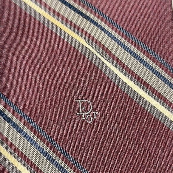 CHRISTIAN DIOR TIE Maroon Silk Poly Blend  LOGO Tan Blue Red Stripes Vintage - Picture 3 of 5